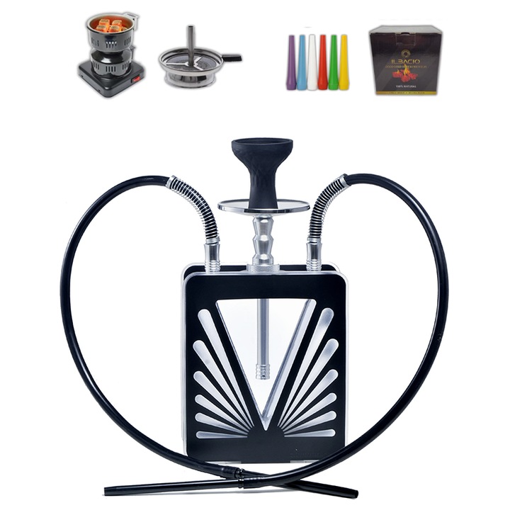 Set Narghilea Portabilă cu Iluminare LED RGB, Design Modern, 2 Racorduri, Negru, 43cm