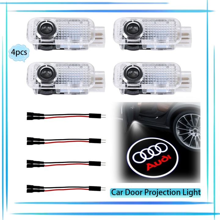 Un set de 4 proiectoare cu logo Audi este potrivit pentru luminile de bun venit Audi de pe usile masinilor A6/A5/A4/A7/A8/Q3/Q5/Q7