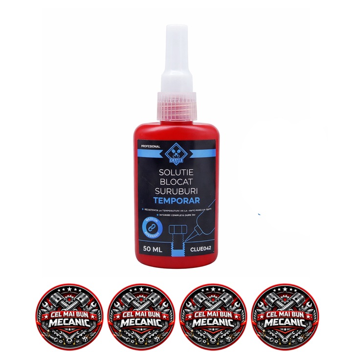 Solutie blocat suruburi temporar profesional CLUE, pentru stifturi, bucse, suruburi si elemente de fixare, 50 ml, 4x Stickere