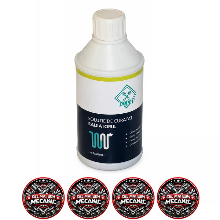 Aditiv curatare radiator CLUE, Indeparteaza depunerile, impuritatile, calcarul si rugina din sistemul de racire, 355 ml, 4x Stickere