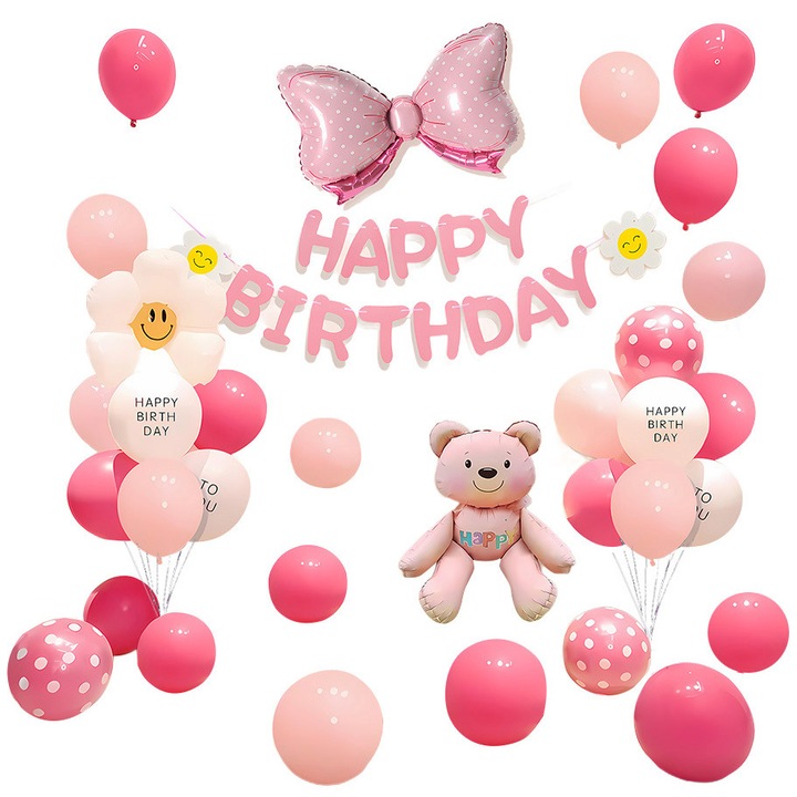 Set decoratiuni petrecere aniversara pentru copii tema fundite / fluturi roz, LISM®, 33 piese - Kit baloane + banner La multi ani / Happy Birthday