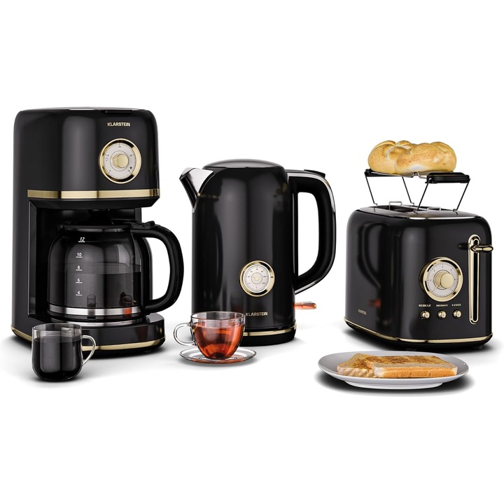 Set electrocasnice Klarstein Victoria 3 in 1, Toaster 2 felii, Fierbator 1.7L, Cafetiera 12 cesti, Negru