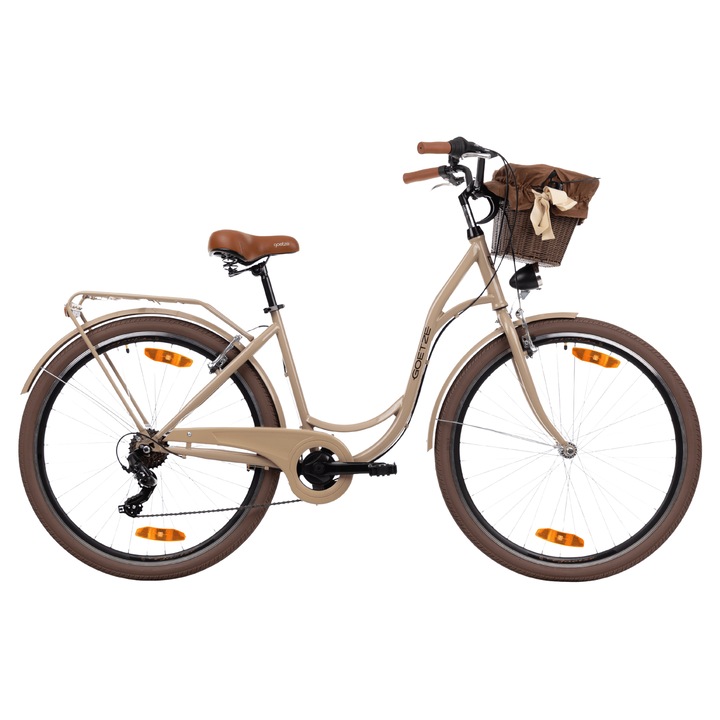 Bicicleta de oras Goetze Mood 28", cadru otel 18", design retro, frane V-Brake, 7 viteze Shimano Tourney, cos pe ghidon