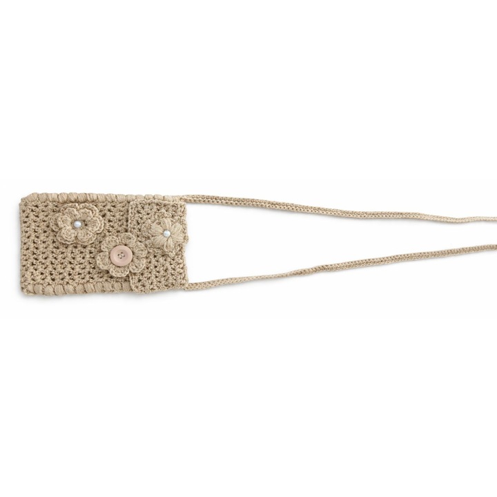 Portofel crosetat handmade cu flori decorative, crem capucino 17 x 11 cm