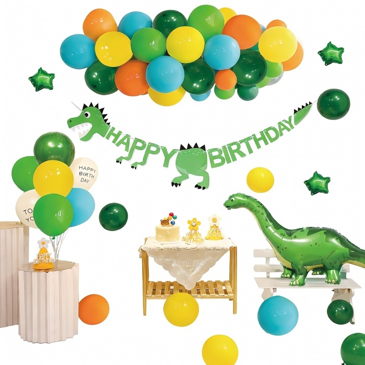 Set decoratiuni petrecere aniversara pentru copii tema dinozauri, LISM®, 50 piese - Kit baloane + banner La multi ani / Happy Birthday
