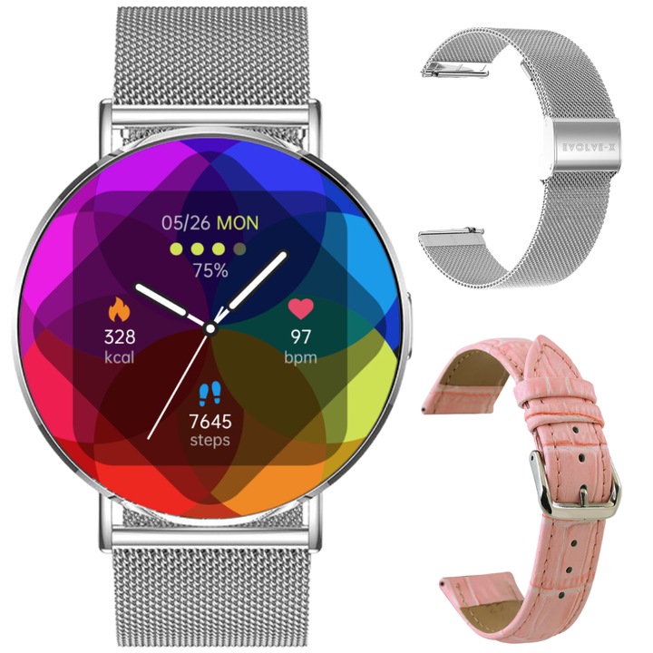 Ceas smartwatch dama Evolve-x® EvoWatch10 PRO, Apeluri si Notificari bluetooth, Monitorizare Ritm cardiac, Somn, Nivel oxigen si Calorii, Moduri Sport, Asistent vocal, compatibil iOS si Android, Design Slim, Bratara metalica si piele, argintiu