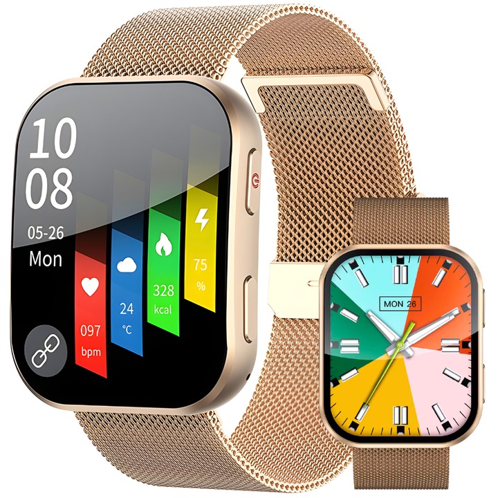 Ceas Smartwatch EvoWatch 7S, Kijelző AMOLED 1.96”, Bluetooth Hívások, Always-On Kijelző, Pulzus, Oxigén, Vérnyomás és Alvás Monitorozás, Alkalmazás Értesítések, Sport Tevékenység, GloryFit Alkalmazás, iOS és Android kompatibilis, Slim Alumínium Ház, Arany