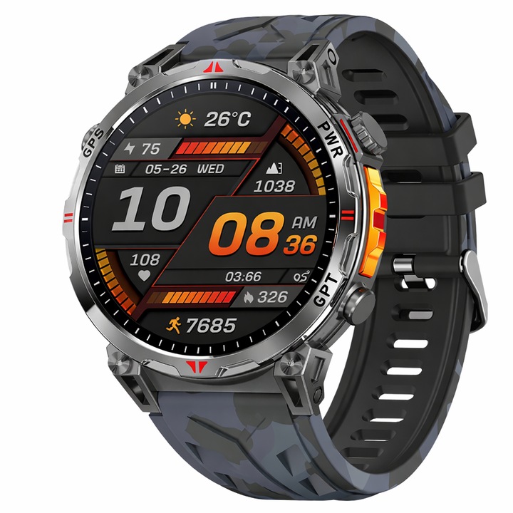 Смарт часовник спортен KC93 Integrated GPS, Bluetooth Calls, 1.56 inch 480x480 AMOLED Screen, Heart Rate and SpO2 Blood Oxygen Monitoring, Compass, Altimeter, Barometer, 100+ Sport Modes, Fitness Tracker, Water Resistant, Android and iOS Compatible