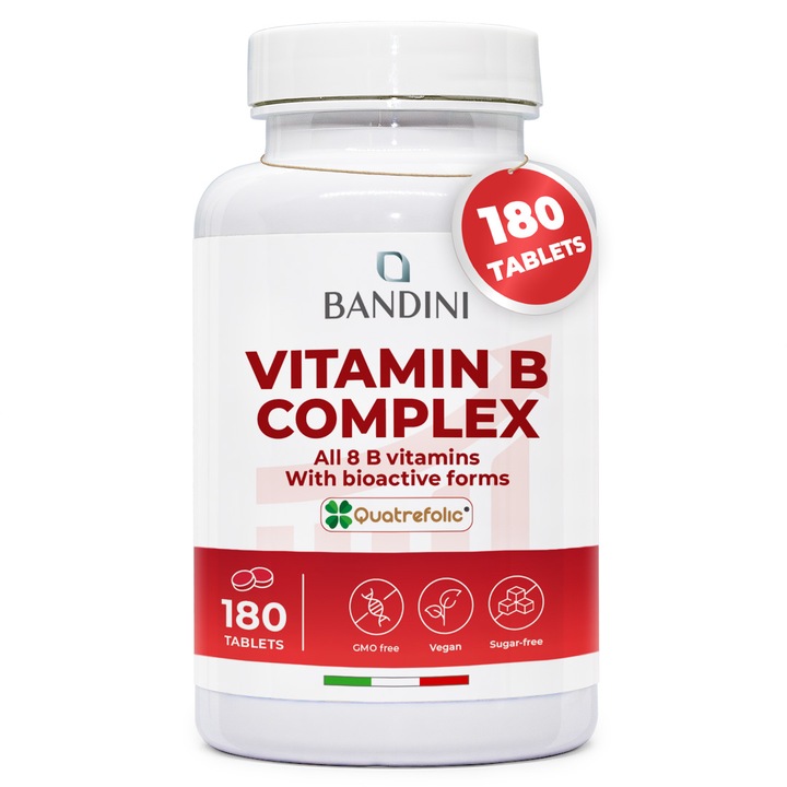 Bandini® Complex de vitamine B cu doza mare, 180 de comprimate vegane (aprovizionare pentru 6 luni), Vitamine din grupa B cu acid folic, biotina, B1, B2, B3, B5, B6, B12, Concentratie mare, Supliment de complex de vitamine B fara OMG