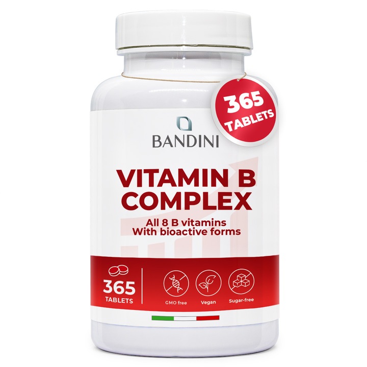 Bandini® Complex de vitamine B concentrat ridicat, 365 de comprimate vegane (valoare 1 an), Amestec de 8 vitamine B cu acid folic, biotina, B1, B2, B3, B5, B6, B12, Reduce oboseala si extenuarea, Suport imunitar