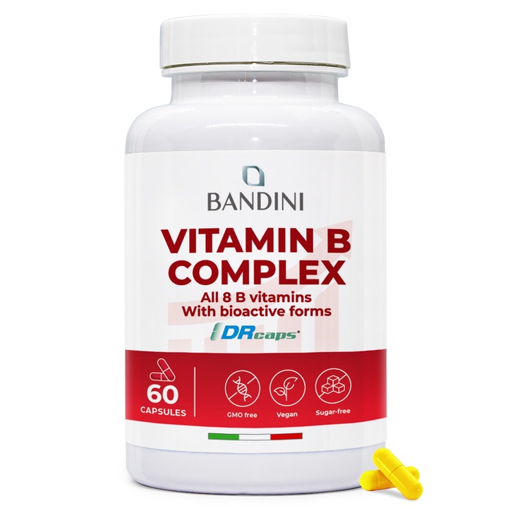 Bandini® Complex de vitamine B concentrat ridicat, 60 de capsule (aprovizionare pentru 2 luni), Toate cele 8 vitamine B: B1, B2, B3, B5, B6, B7, B9, supliment cu vitamina B12, Unul pe zi, Fara substante de umplutura, Non-OMG, Fabricat in Italia