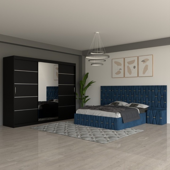 Set dormitor Eric, CELA, albastru, 180x200cm, dulap negru 250x60x208cm, noptieră 48x42x33cm
