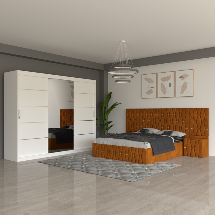 Set dormitor CELA, caramiziu, pat 180x200cm, dulap 250x60x208cm, noptieră 48x42x33cm