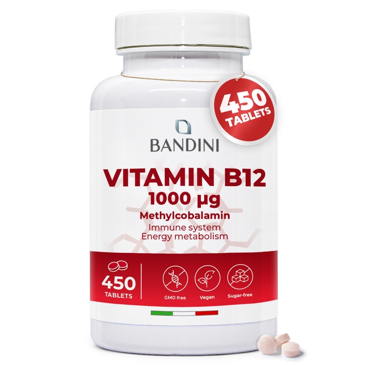 Bandini® Vitamina B12 450 comprimate (+1 an de utilizare) — 1000mcg — Metilcobalamina vegana — 1 comprimat usor de inghitit pe zi — Vitamina B 12 pentru sistemul imunitar, metabolismul energetic, oboseala fizica si mentala