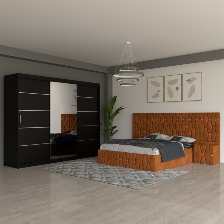 Set dormitor CELA Eric, pat 180x200, dulap negru 250cm, noptieră, caramiziu