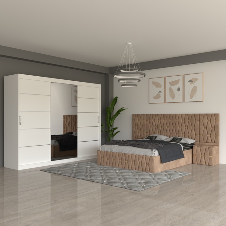 Set dormitor CELA Eric, pat 180x200, dulap alb 250cm, noptieră crem