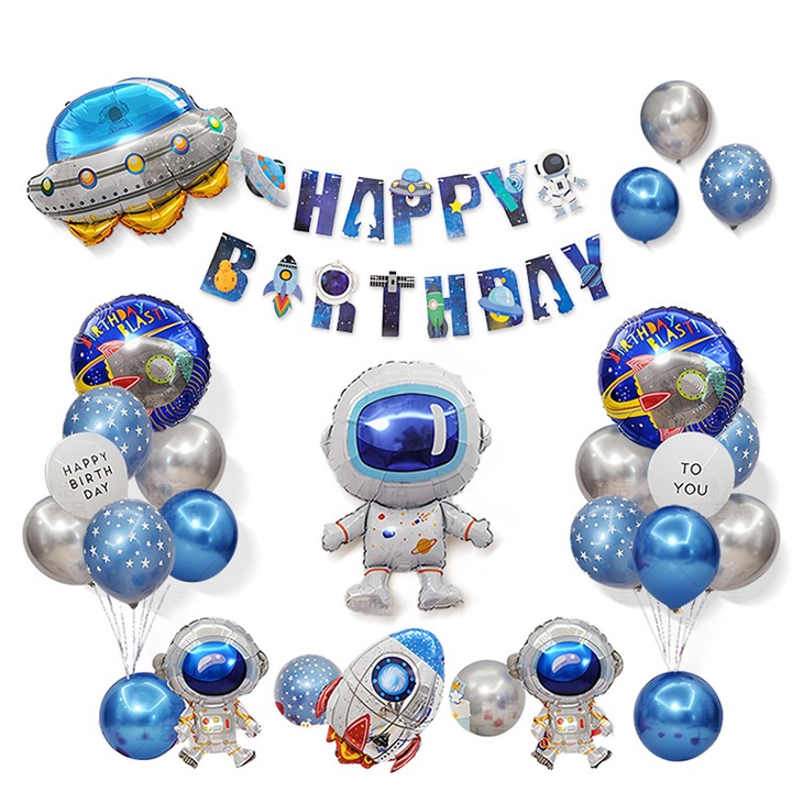 Set decoratiuni petrecere aniversara pentru copii tema spatiala, LISM®, 34 piese - Kit baloane astronaut, racheta, nava spatiala + banner La multi ani / Happy Birthday