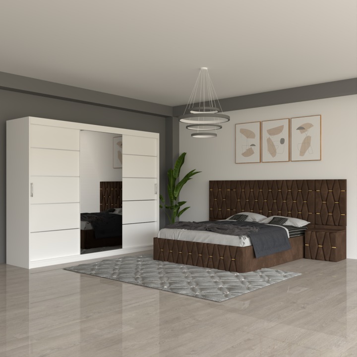 Set dormitor Eric, CELA, maro, pat 180x200cm, dulap 250x60x208cm, noptieră 48x42x33cm