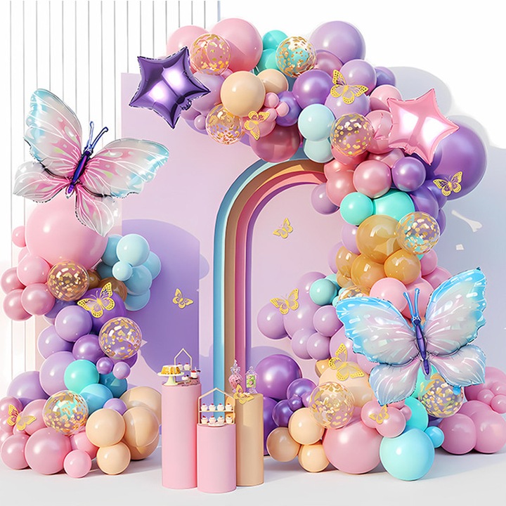 Kit Arcada Baloane Fluturi 118 buc LISM®, Ghirlanda Baloane Roz Mov Pastel cu 2 Fluturi Folie Mari, Set Complet DIY pentru Aniversare Baby Shower Nunta Petreceri Fete