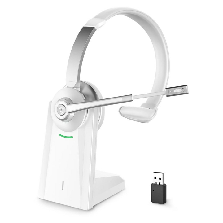 Casti wireless CerCip 783, autonomie 26 ore, anulare zgomot, microfon rotativ 270, alb