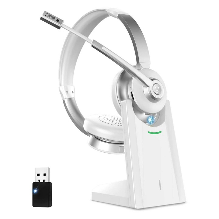 Слушалки Call Center CerCip 786, Bluetooth 5.3, 26 часа автономност, Цвят Бял, със станция за зареждане