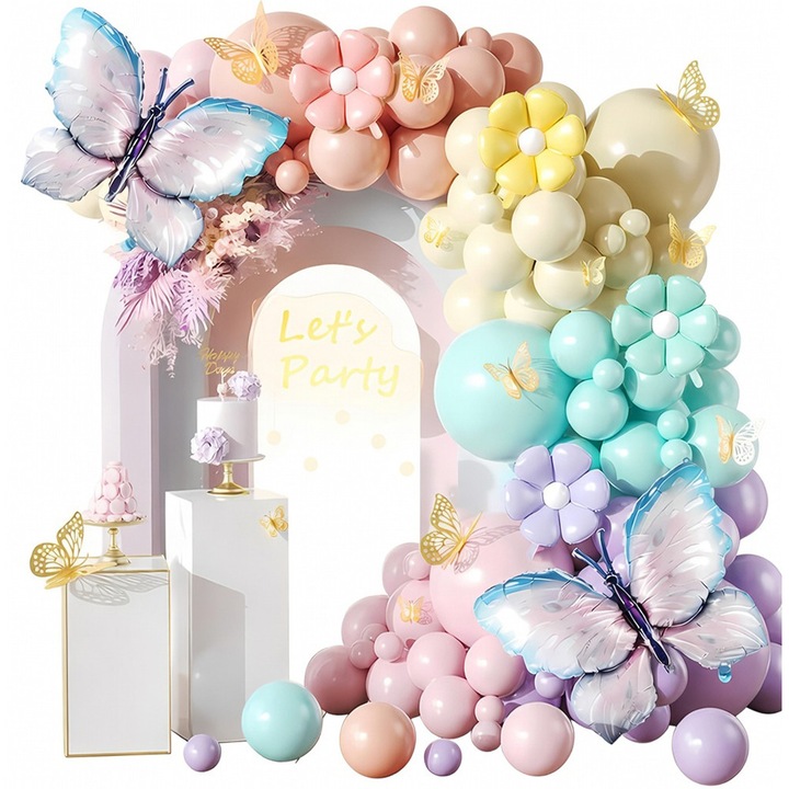 Kit Arcada Baloane Fluturi 115 buc LISM®, Ghirlanda Baloane Roz Galben Pastel cu 2 Fluturi Folie Mari, Set Complet DIY pentru Aniversare Baby Shower Nunta Petreceri Fete