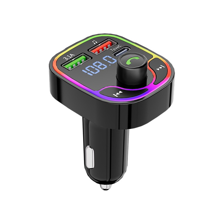 Modulator FM Bluetooth Auto cu Incarcare Rapida si Lumini Ambientale RGB, 2x USB + Type-C, Player USB/MicroSD, Display LED, Apeluri Hands-Free