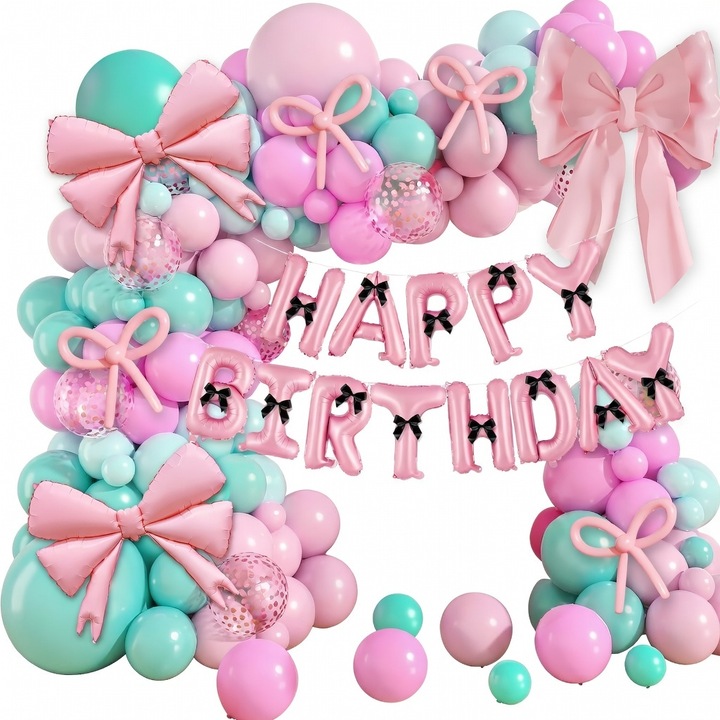 Set Baloane Decoratiuni Petrecere Zi de Nastere Tema Fundita Printesa Roz-Verde 103 Bucati, LISM®, Kit Complet Latex Folie + Fundite Satin + Accesorii, Decor Visator pentru Fetite si Femei Tinere