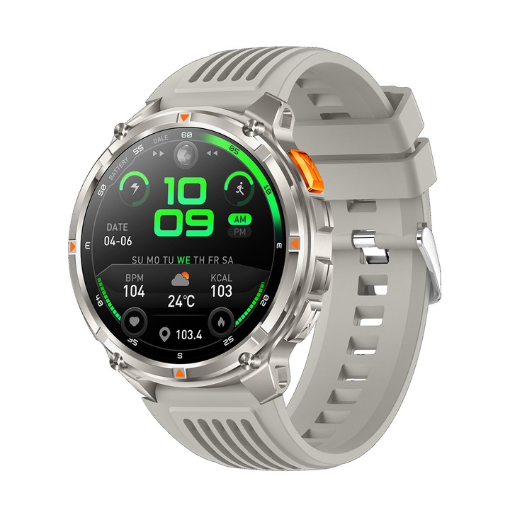 •Smartwatch cu apeluri Bluetooth 5.2, ecran 1.7 HD, baterie 1100 mAh, autonomie 10-20 zile, monitorizare ritm cardiac, tensiune, IP68, Android iOS
