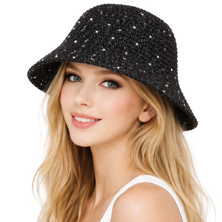 Palarie tip galeata Moramo Sunset Sparkle, Negru, pliabila, modelabila, 7x15cm