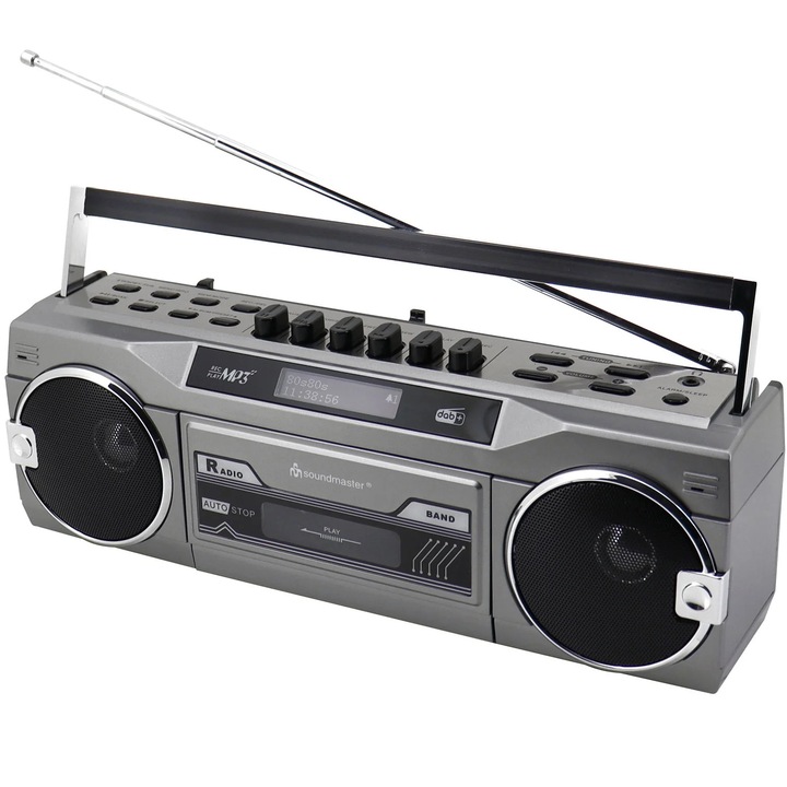 Radio stereo cu casetă Soundmaster SRR80TI Bluetooth, argintiu, cu funcții de înregistrare USB/SD, 3.5 mm