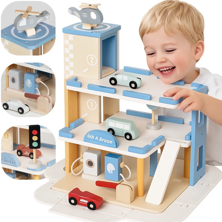 Garaj din lemn pentru copii Mibbi, 3 niveluri, masinute si elicopter, multicolor, set