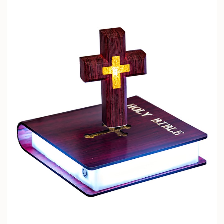 Lampa levitanta cu cruce de lemn texturat, baza in forma de carte Biblie, baza luminoasa cu iluminare degradata multicolora, distanta de levitare 8-10 mm, material: plastic + ABS