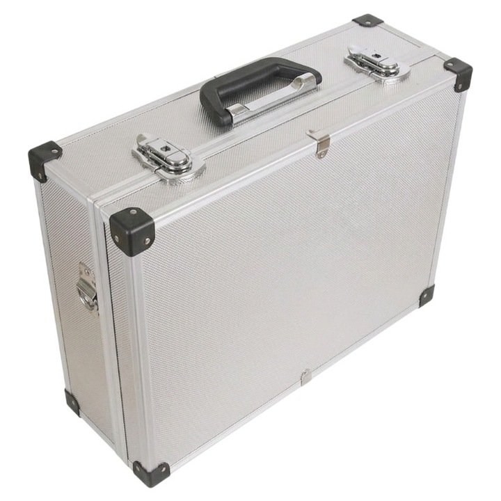 Valiza profesionala din aluminiu robust pentru makeup, 46x32x15 cm, 9L volum, 2 incuietori cu cheie