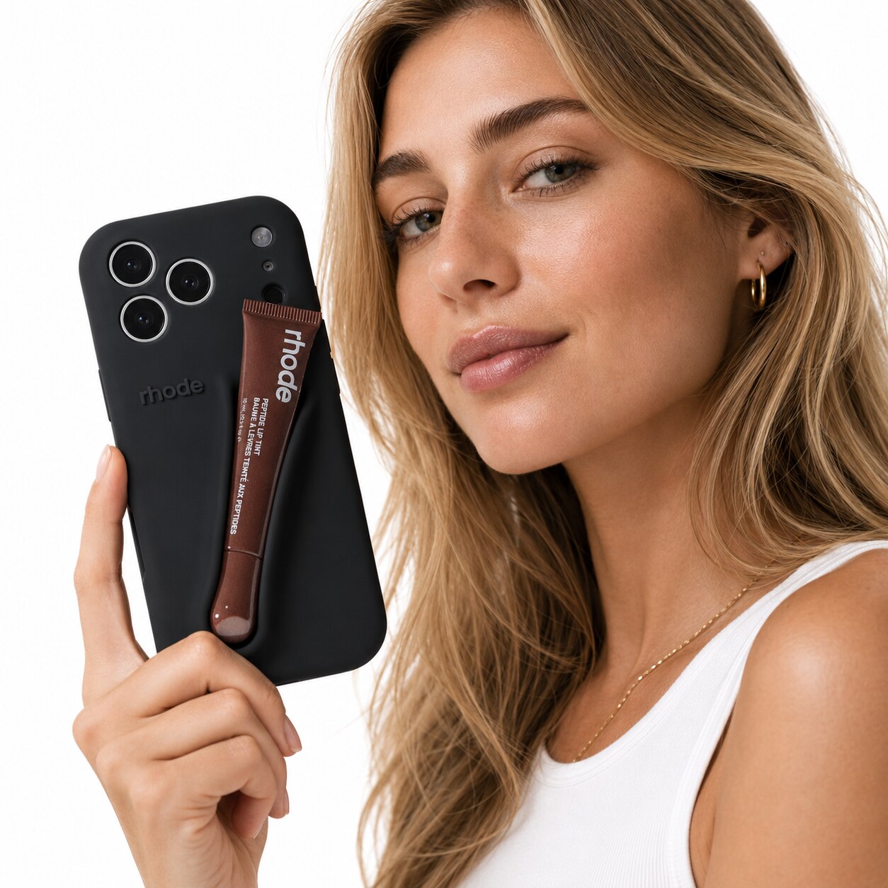 Husa pentu iPhone 17 Pro, Suport Pentru Ruj Tip Rhode, Protectie Camere, Silicon Premium, Include Luciu de Buze 10ml, Negru
