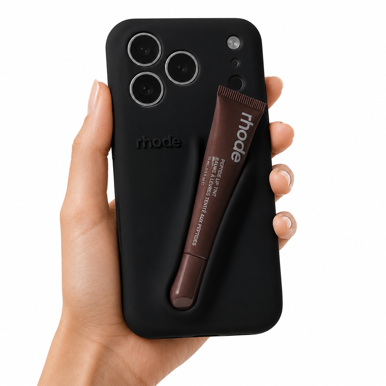 Husa pentu iPhone 17 Pro, Suport Pentru Ruj Tip Rhode, Protectie Camere, Silicon Premium, Include Luciu de Buze 10ml, Negru