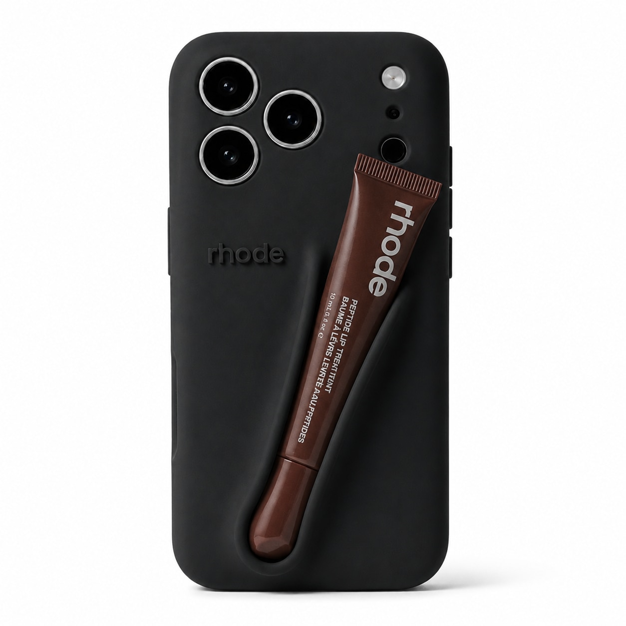 Husa pentu iPhone 17 Pro, Suport Pentru Ruj Tip Rhode, Protectie Camere, Silicon Premium, Include Luciu de Buze 10ml, Negru