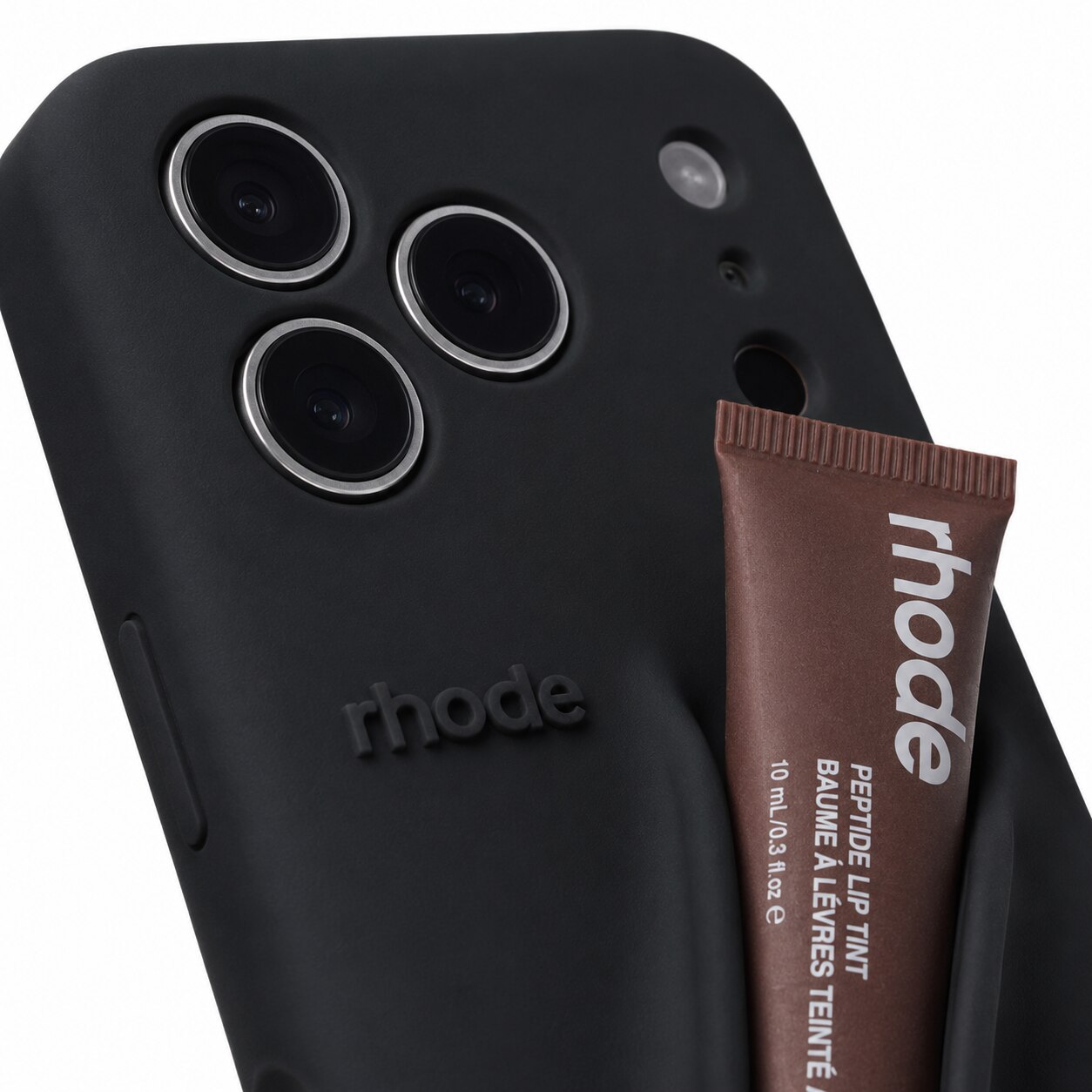 Husa pentu iPhone 17 Pro, Suport Pentru Ruj Tip Rhode, Protectie Camere, Silicon Premium, Include Luciu de Buze 10ml, Negru