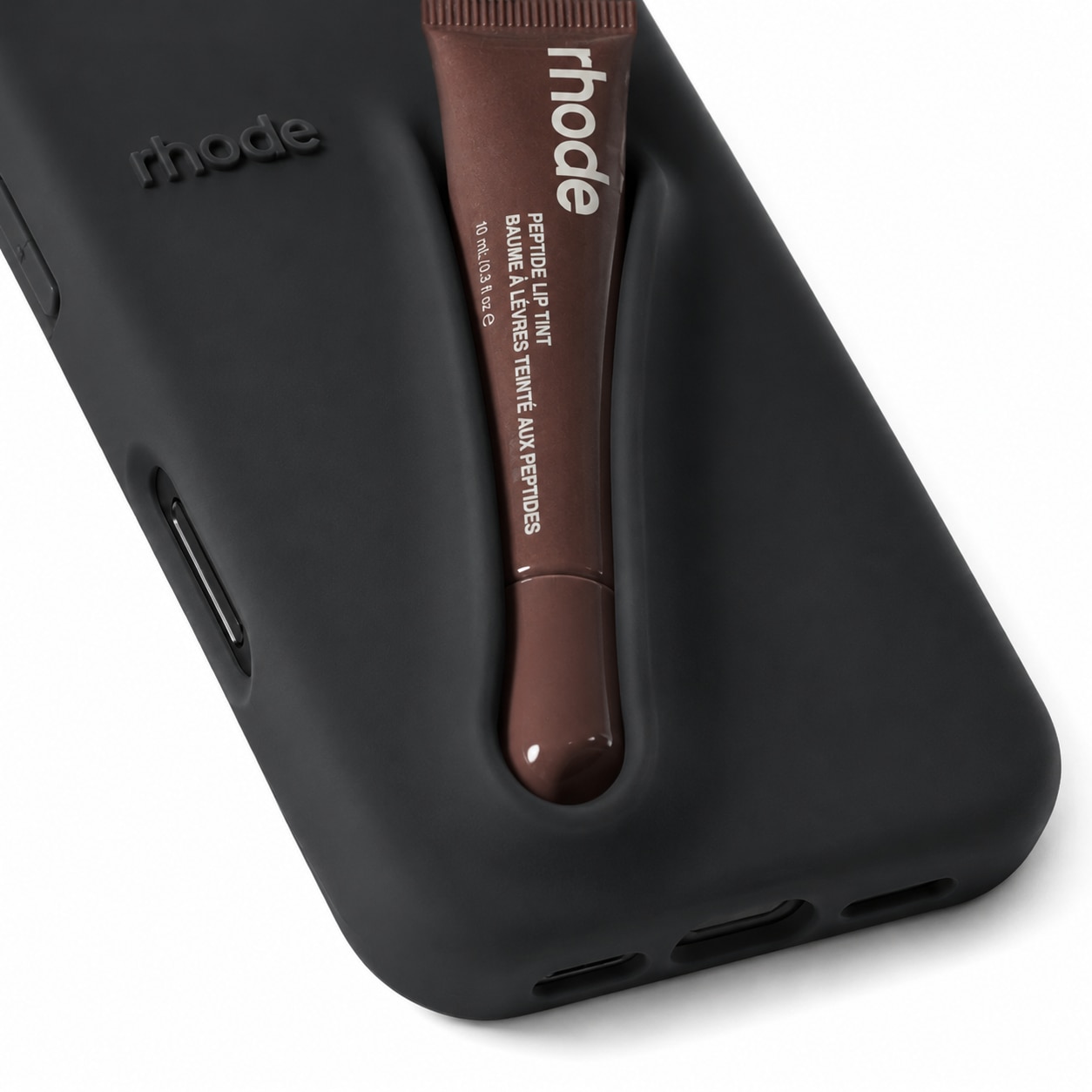 Husa pentu iPhone 17 Pro, Suport Pentru Ruj Tip Rhode, Protectie Camere, Silicon Premium, Include Luciu de Buze 10ml, Negru