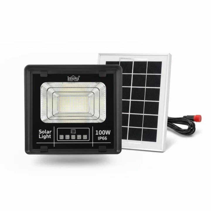 Proiector Solar LED Innova 100W cu Panou Solar si Telecomanda, Indicator Baterie, IP66 Rezistent la Apa, 6500K Alb Rece, Autonomie pana la 10 Ore, Iluminat Exterior Curte, Gradina, Parcare