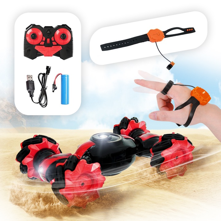 Masina de teren RC, control gesturi, LED, negru-rosu, 1:16, 26cm