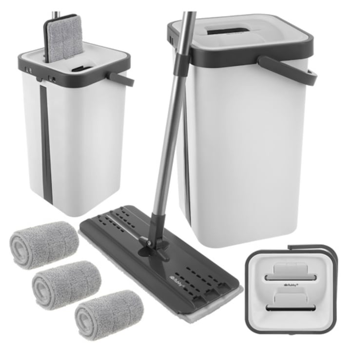 Mop plat cu galeata 11L cu doua compartimente si sistem stoarcere, set cu 3 lavete microfibra, pentru curatarea podelelor