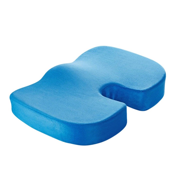 Perna ortopedica U, gel, spuma cu memorie, pentru scaun auto si birou, capac detasabil, 44x34cm, albastru flanel