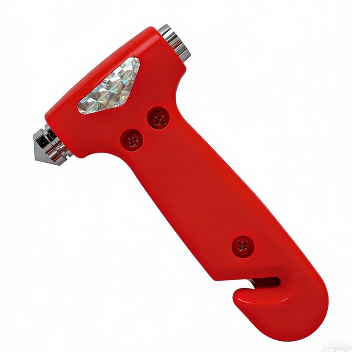 Ciocan de siguranta auto, instrument de spargere a geamurilor, multifunctional 2 in 1, rosu, cu curea de fixare