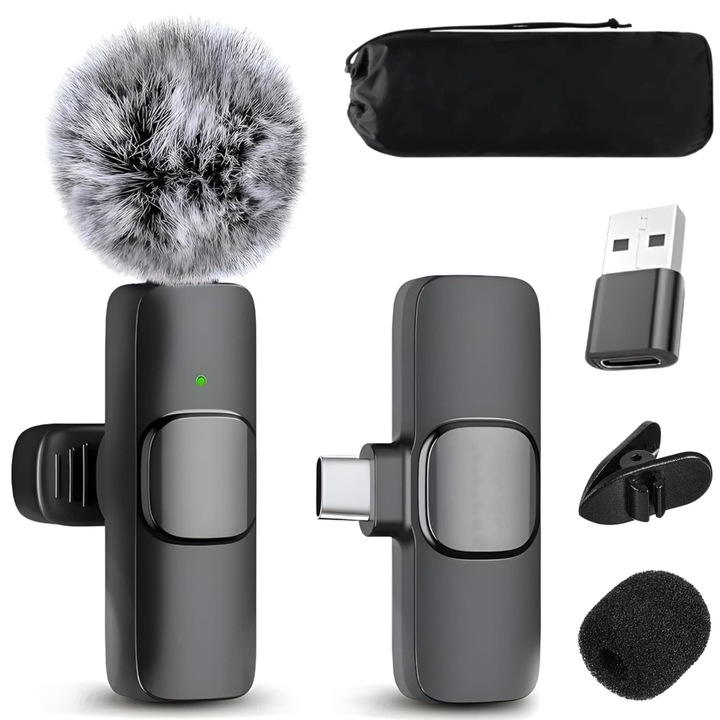Microfon Lavaliera CGN, wireless, reducere zgomot, USB-C, portabil