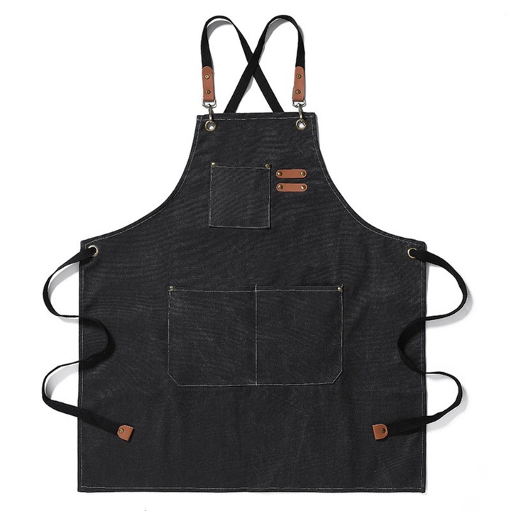 Sort din denim, gros, rezistent la pete, fara maneci, marime universala (75 cm x 64 cm), potrivit pentru diverse ocazii, cum ar fi coafura sau patiseria, din panza de bumbac, negru
