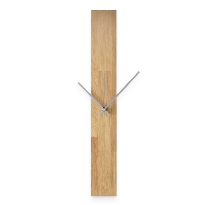 Tömör fa falióra, modern minimalista design, természetes tölgyfa, ezüst mutatók 80x10cm