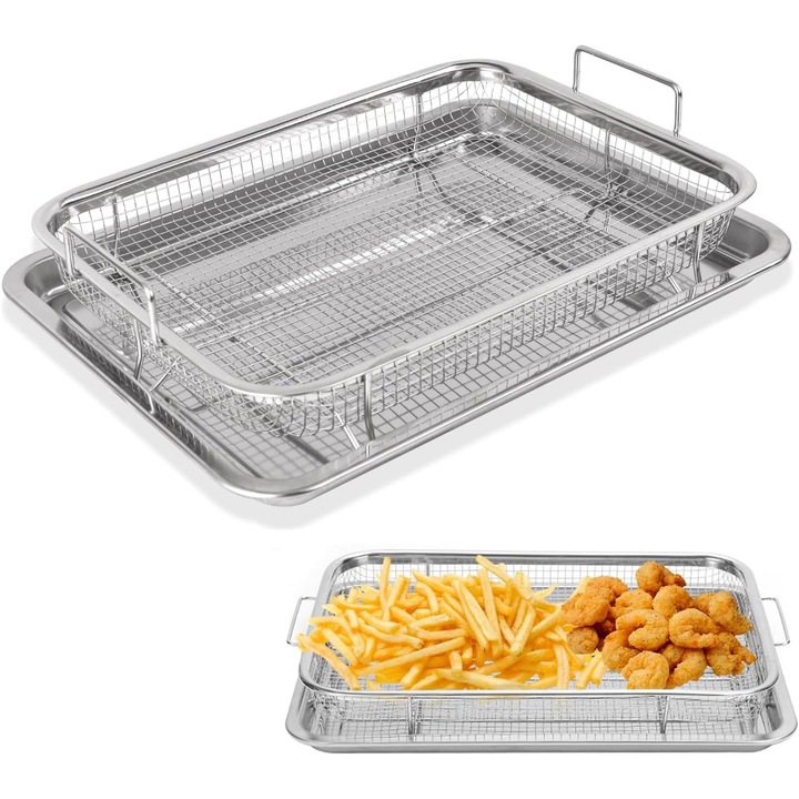 Cos de grătar din inox, set cu tava de coacere, dimensiuni 22, 6x30, 3x3, 5cm si 24, 5x32, 5x2cm, maner integrat