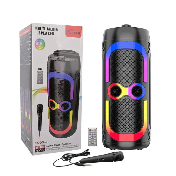 Boxa Portabila Sing-e 6.5” x2 cu Bluetooth, Lumini RGB, USB/TF, Radio FM si Microfon – 20W, TWS