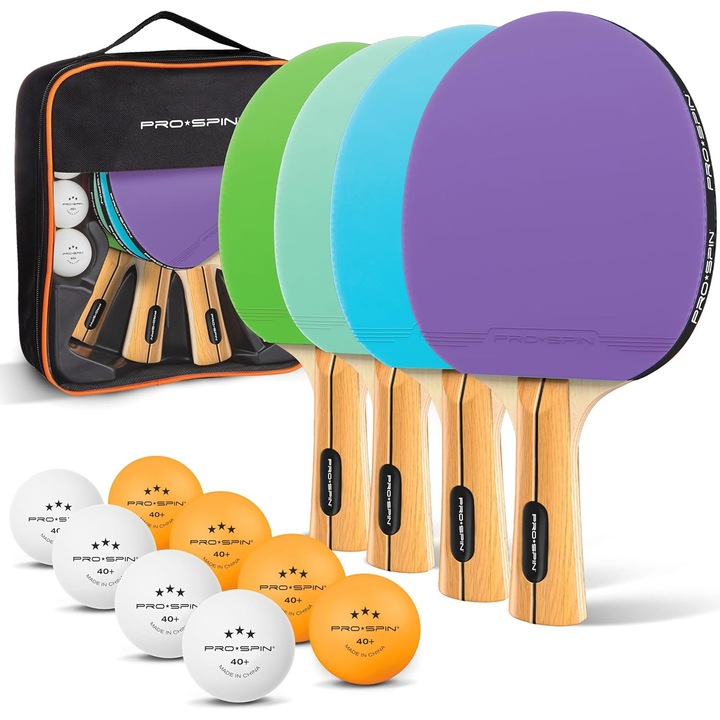 Set palete tenis de masa PRO-SPIN, 4 palete, 8 mingi, saculet transport, Multicolor